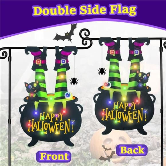 Halloween Lighted Garden Flag Led Solar Yard Flag 8 Modes Witch Feet Outdoor - Picture 3 of 7